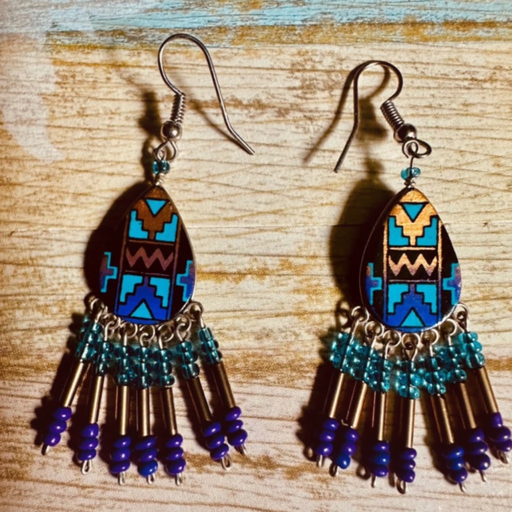 📦 REDUCED! Hand Crafted Blue and Gold Serrano Tribal Earrings